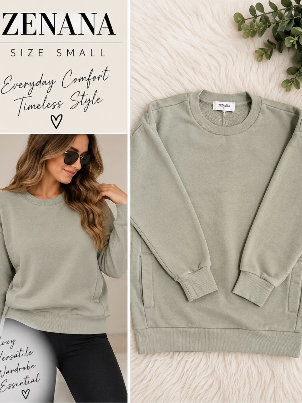 Zenana Outfitters Sage Crewneck Pullover Sweatshirt